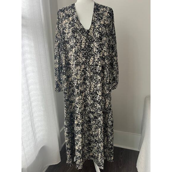 Mango Maxi Dress Black Cream Printed Long sleeve lightweight - Picture 1 of 9
